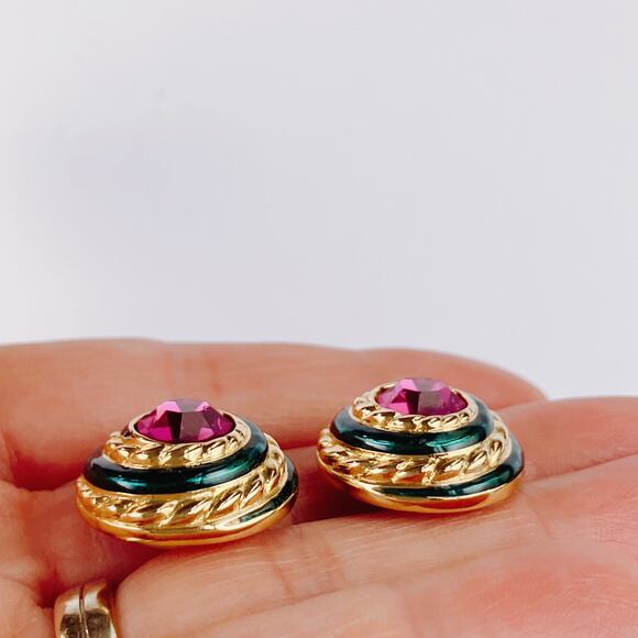 VTG Signed Swarovski Crystal Dome Stud Earrings 80s 90s Teal Enamel Fuchsia - Picture 3 of 14